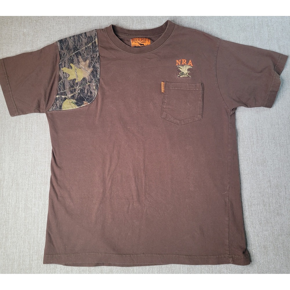 Rock Point Outdoor NRA Shooting Shirt Mens Brown Camo Patch L Hunting Tee
